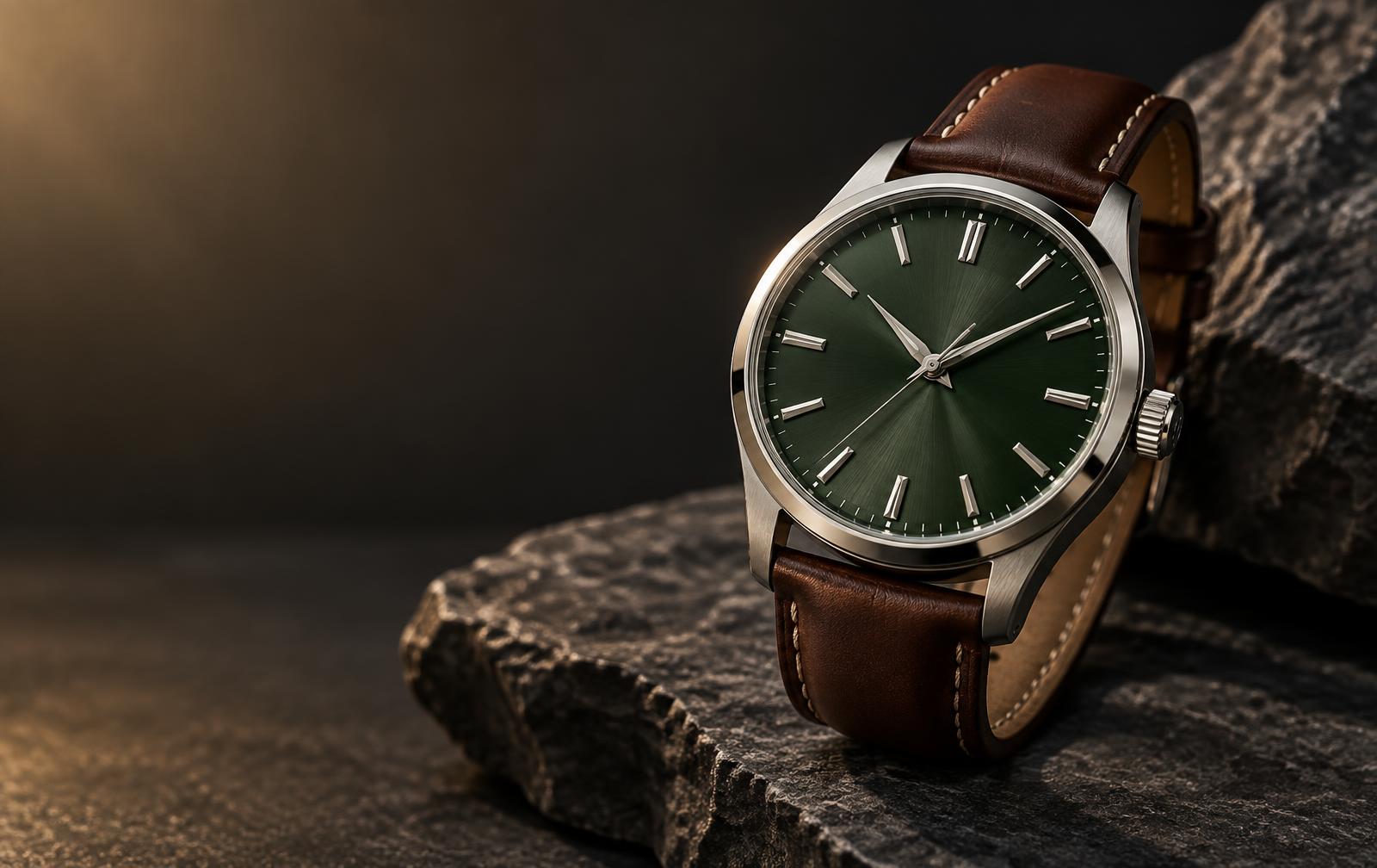 Automatikuhr mit grünem Zifferblatt und Lederarmband